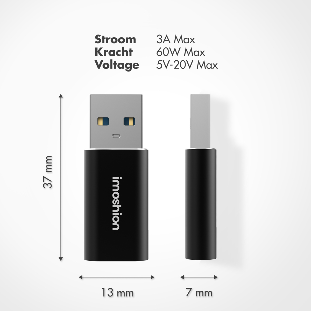Black USB adapter with dimensions and text showing power details.