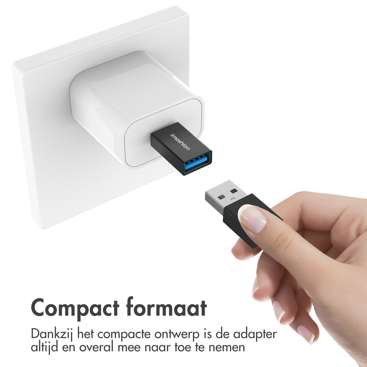 Hand inserts USB adapter into a wall charger. Text: Compact size and always take it with you.