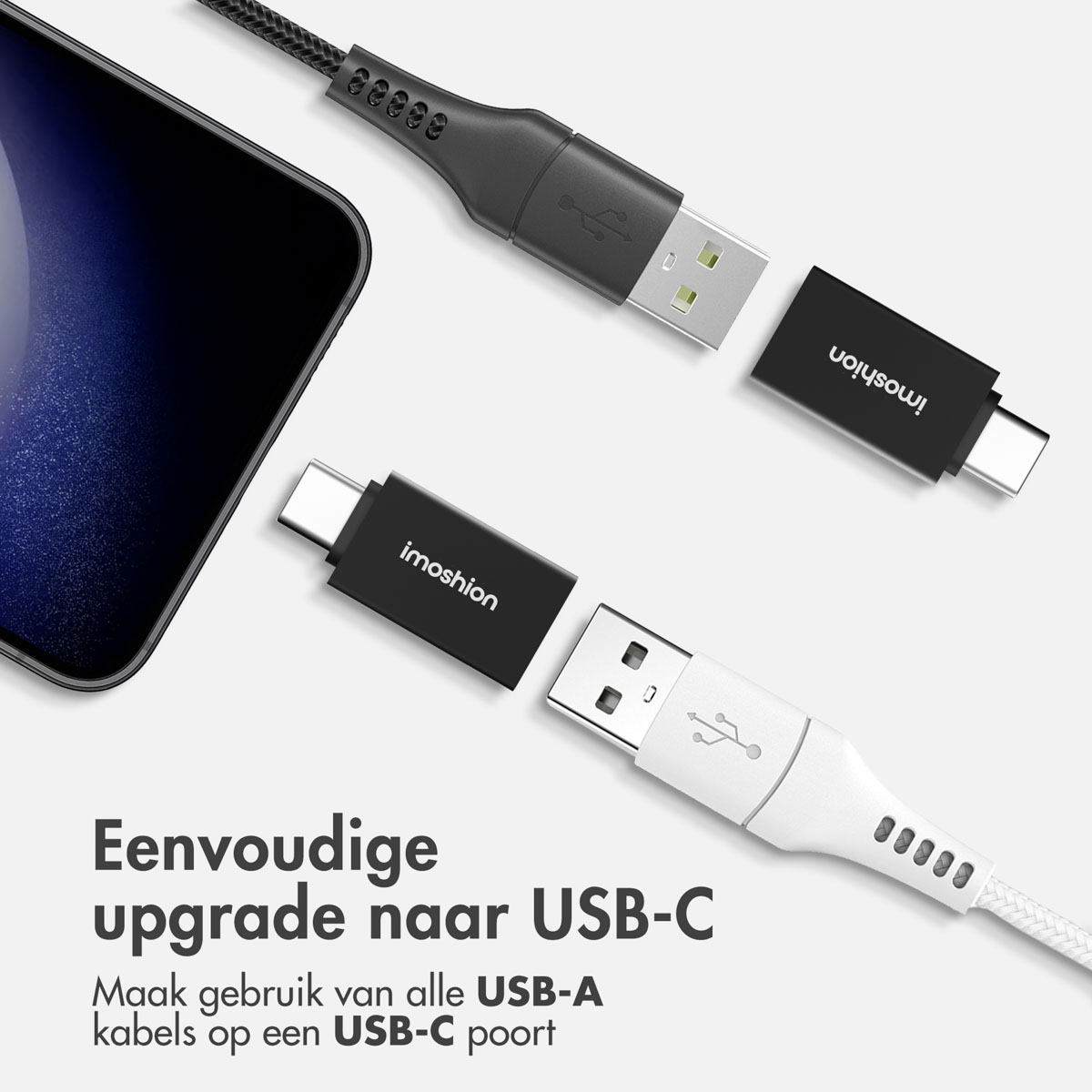 USB-A and USB-C cables. White USB-A to USB-C adapter. Black USB-C to USB-C cable.