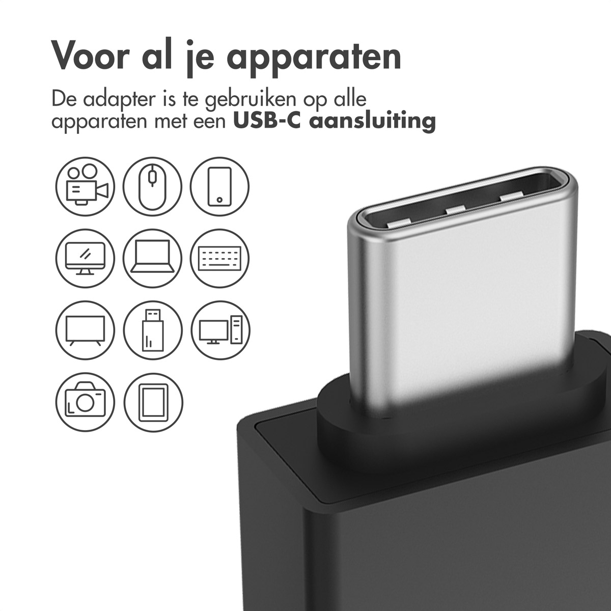 A black USB-C adapter with a silver tip, with a diagram showing compatible devices.