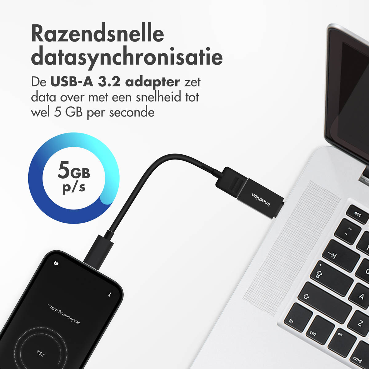 Laptop connected to a phone via USB-A adapter. Text: Fast data synchronization.