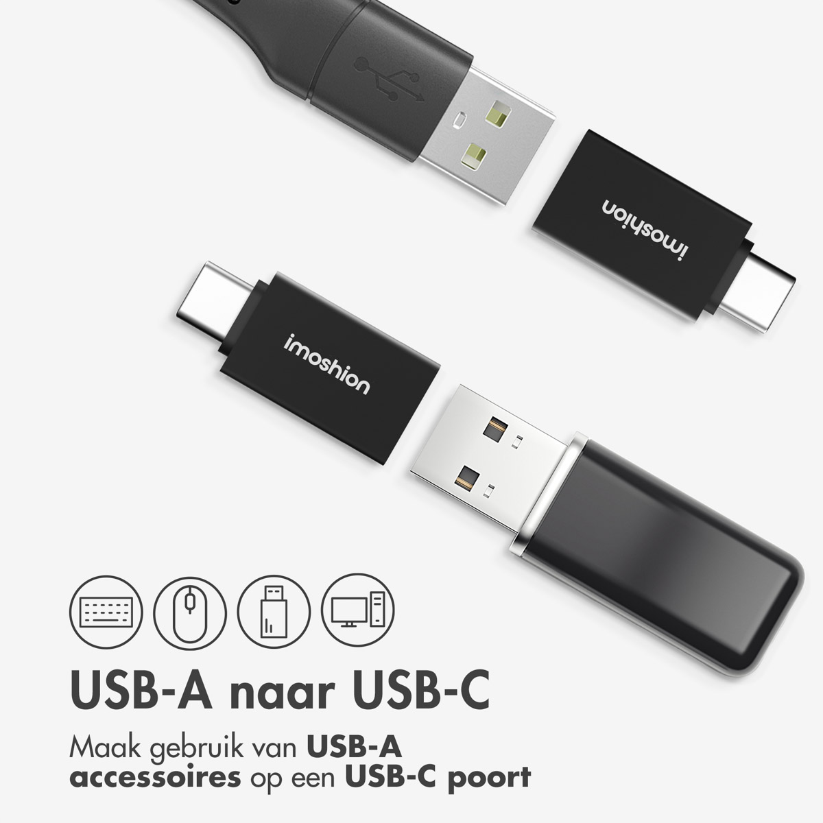 USB-A to USB-C adapters. Two adapters are shown connected to each other.