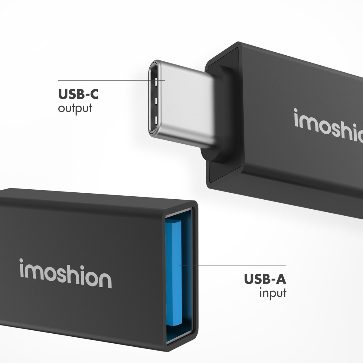 A black adapter with USB-A and USB-C ports, labeled accordingly.