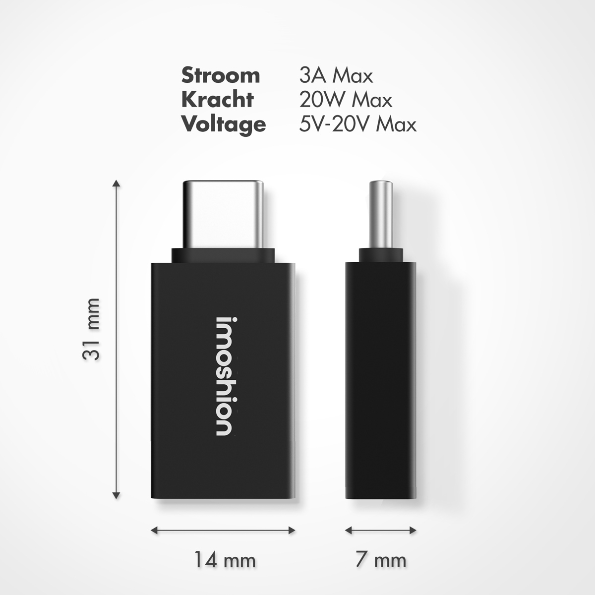 Black USB-C adapter with dimensions. Text indicates power specifications: 3A Max, 20W Max.