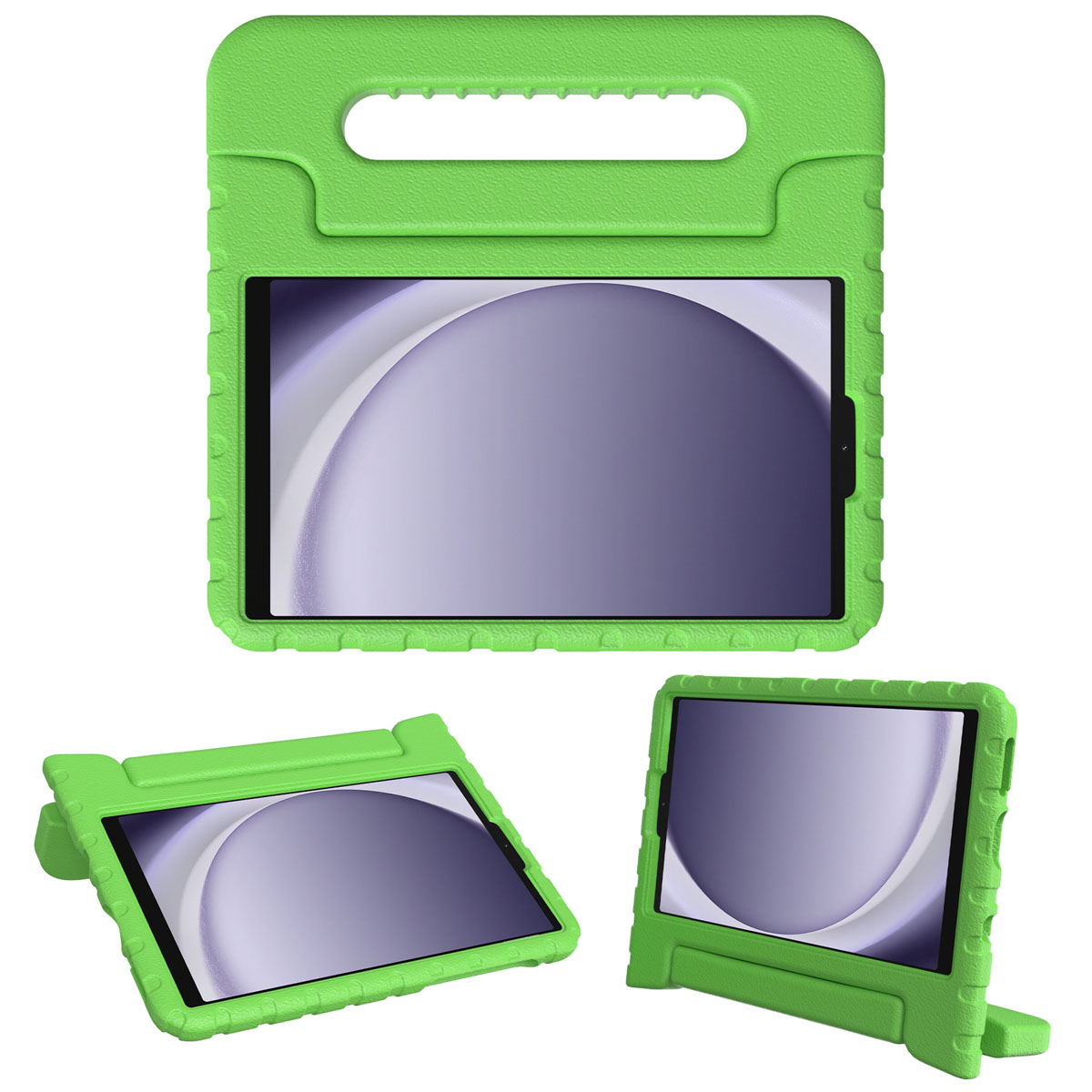 Groene tablethoes met tablet erin. Meerdere weergaven.