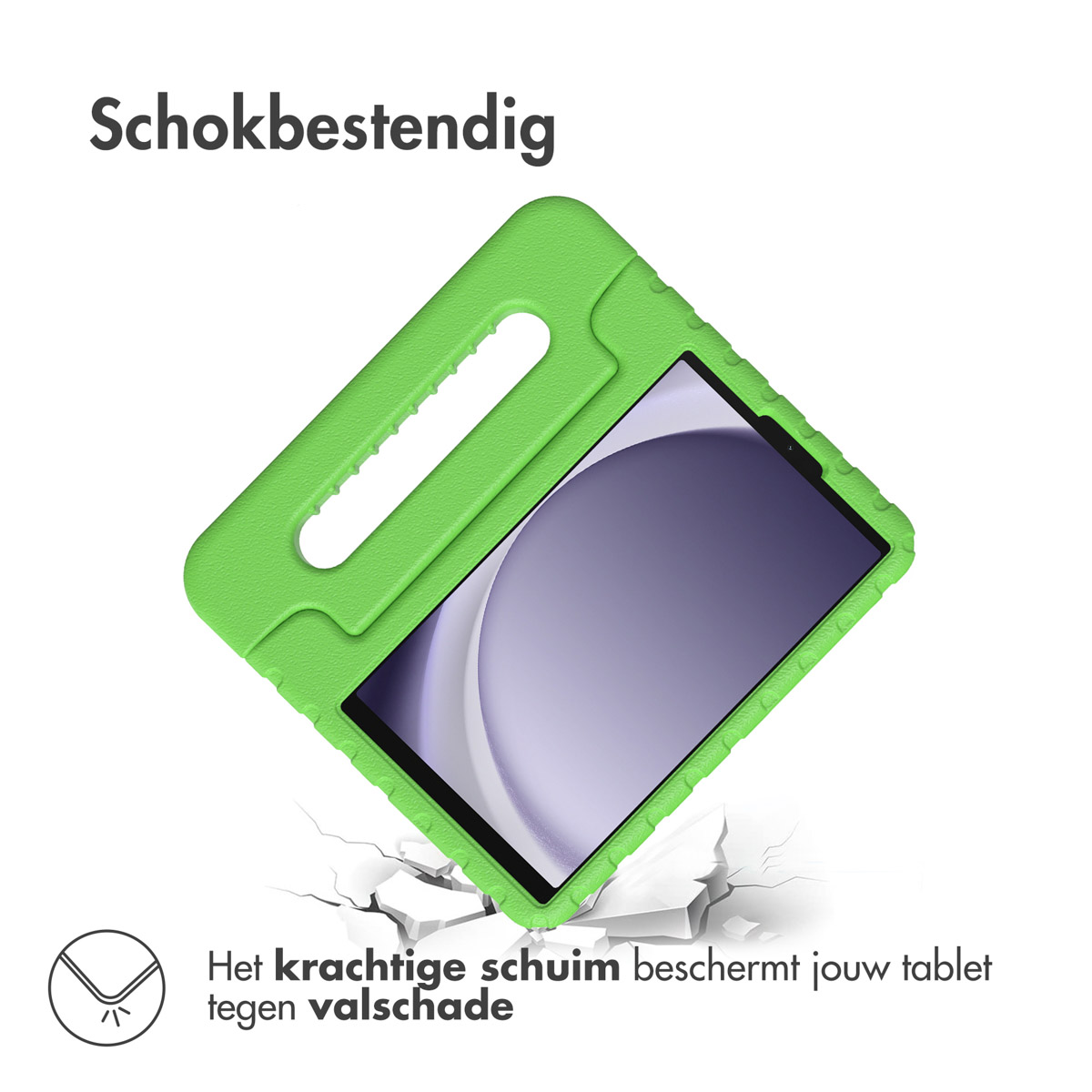 Een groene tablethoes met een tablet erin. De hoes beschermt de tablet.