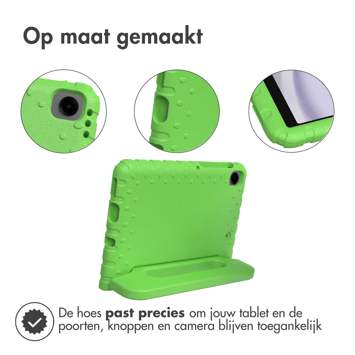 Een groene tablethoes met een standaard. De hoes wordt vanuit verschillende hoeken getoond.