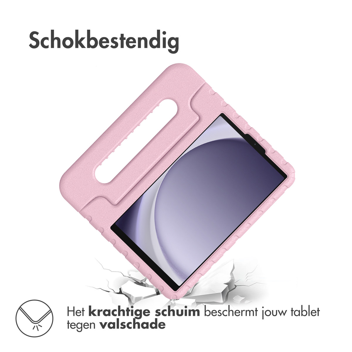 Een roze tablethoes met een tablet erin. De tekst zegt: Schokbestendig.