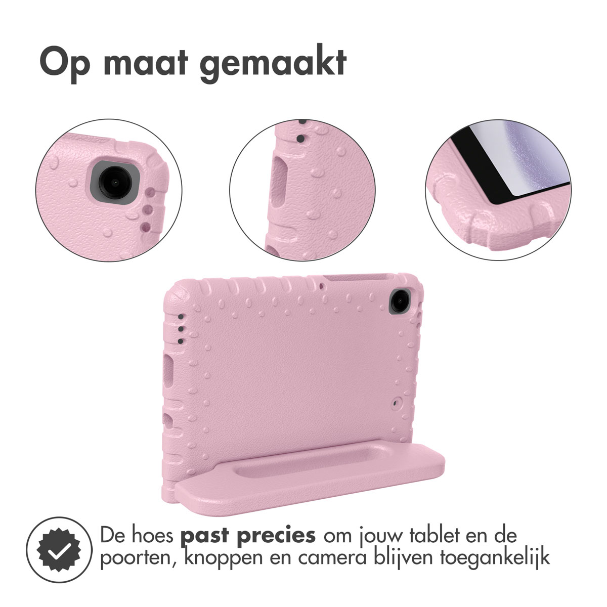 Roze tablethoes met details van de poorten en knoppen. Met standaard.