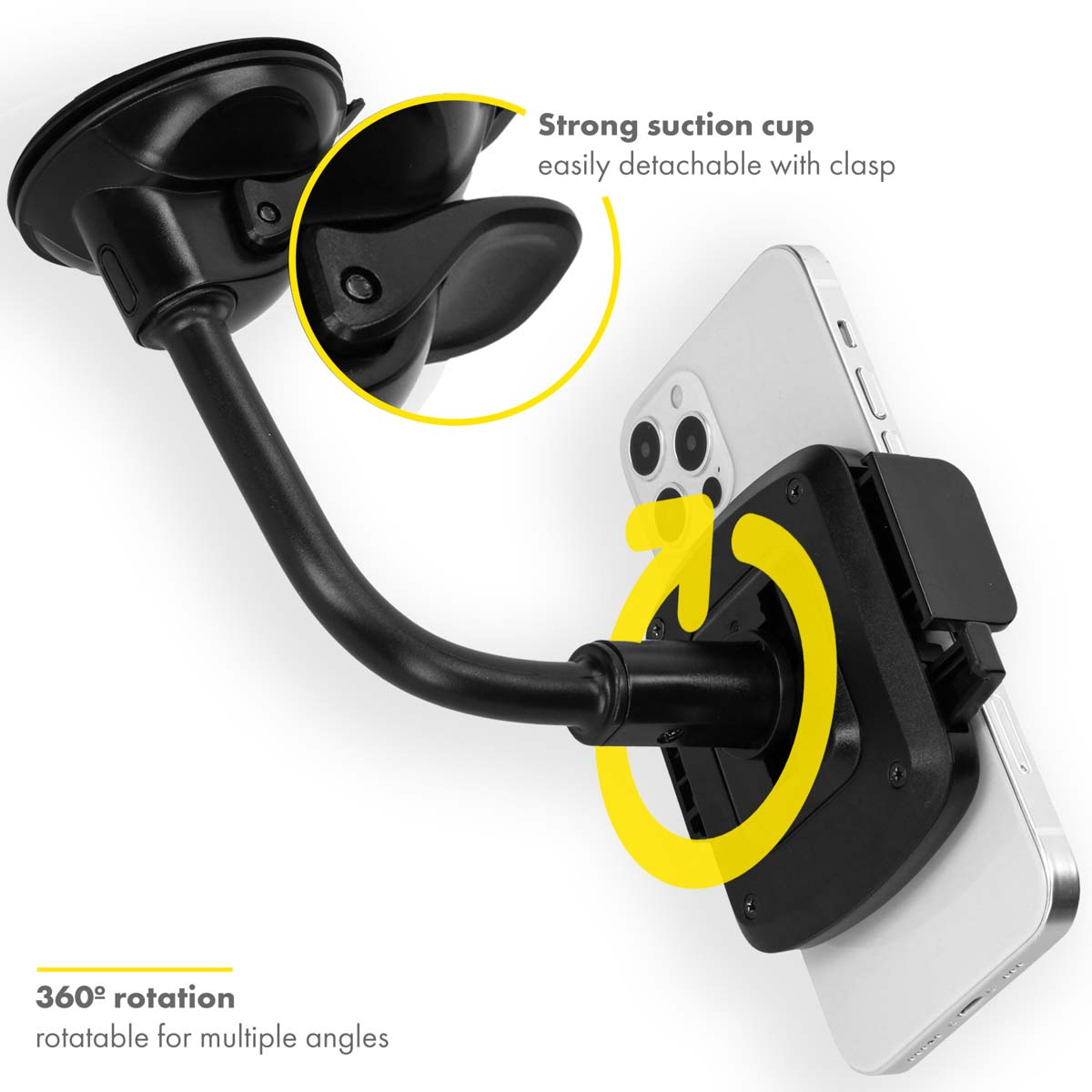 Autotelefoonhouder met zuignap. Telefoon bevestigd. 360° rotatie.