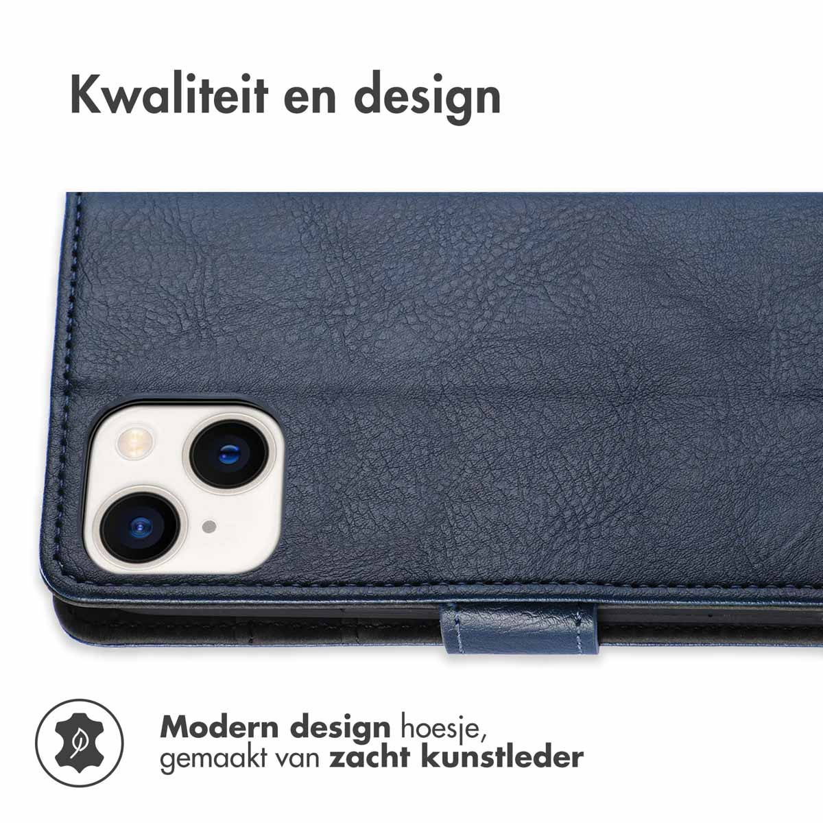 Blauwe leren telefoonhoes met een modern design. Er zit een telefoon in.