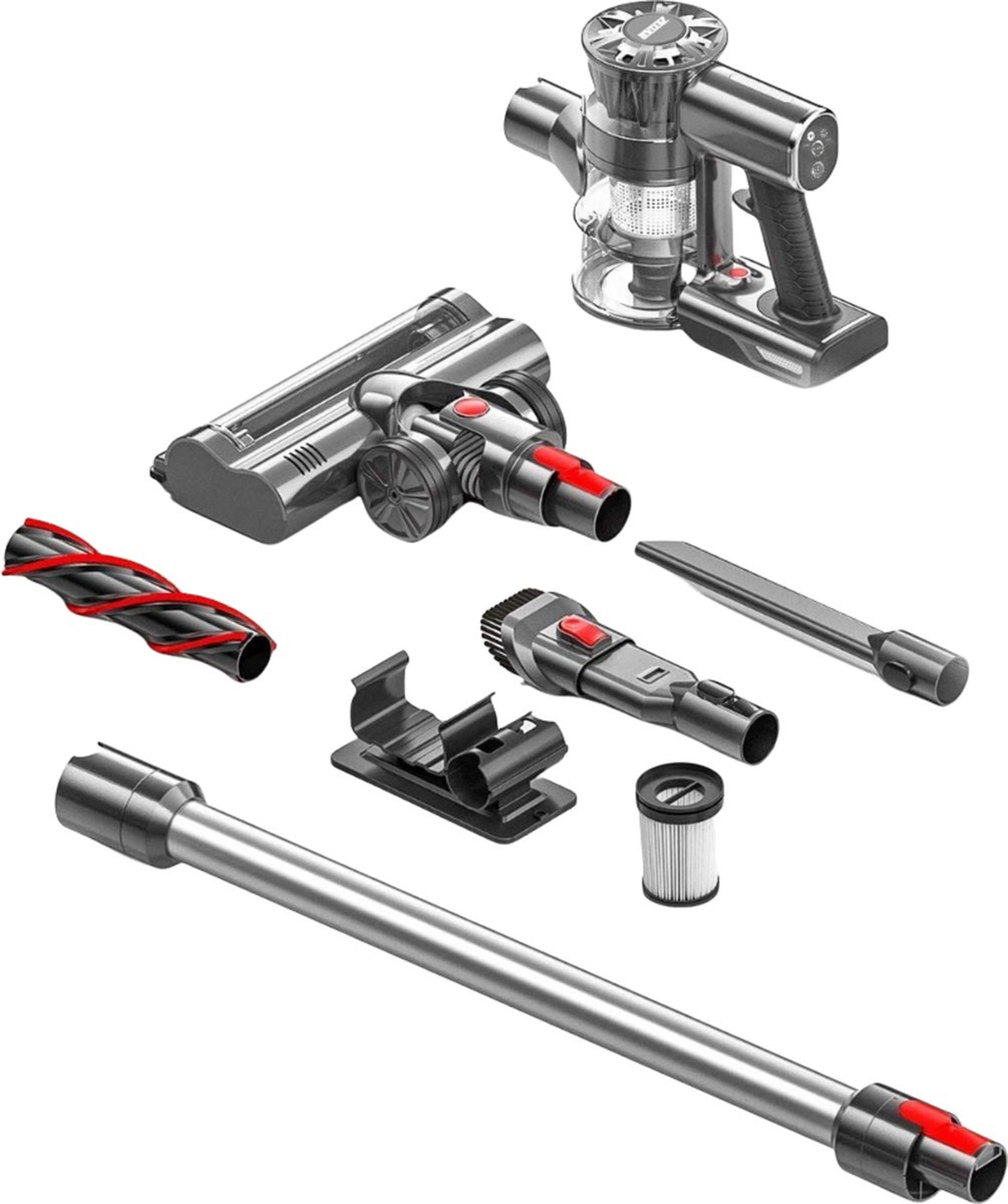 Disassembled vacuum cleaner parts on a white background. Includes main unit, brush heads, and filters.