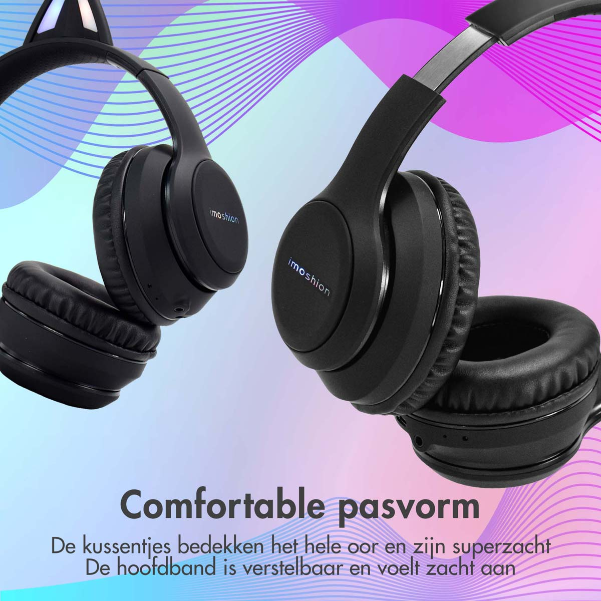 Twee zwarte koptelefoons met oorvormige ontwerpen en de merknaam, op een verlopende achtergrond.