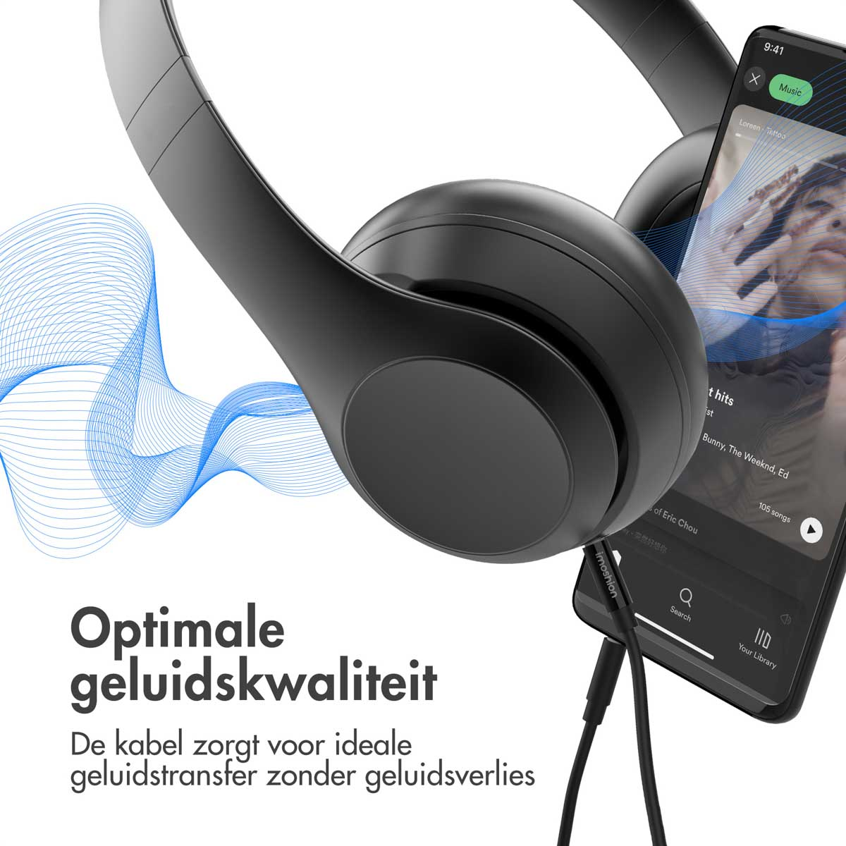 Casque noir connecté à un téléphone jouant de la musique. Graphique d'onde bleue en arrière-plan.