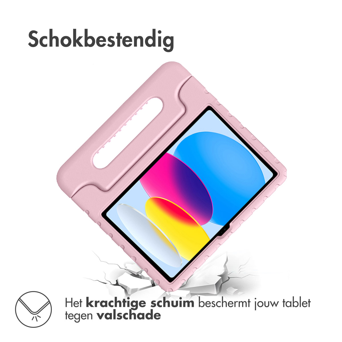 A pink protective foam case for a tablet, angled above cracked ground, with Dutch text above and below.