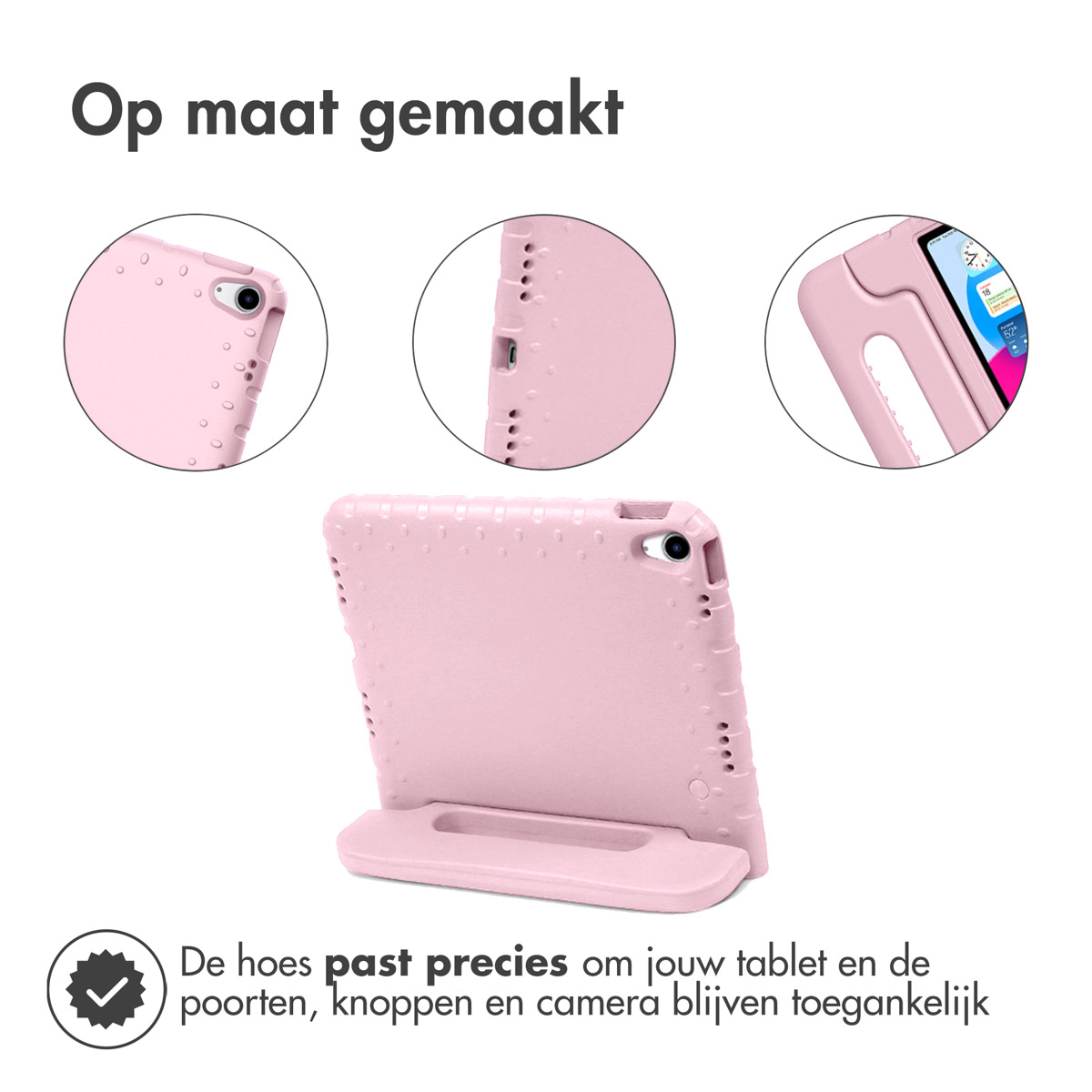 Pink tablet case with multiple views. The case has a stand.