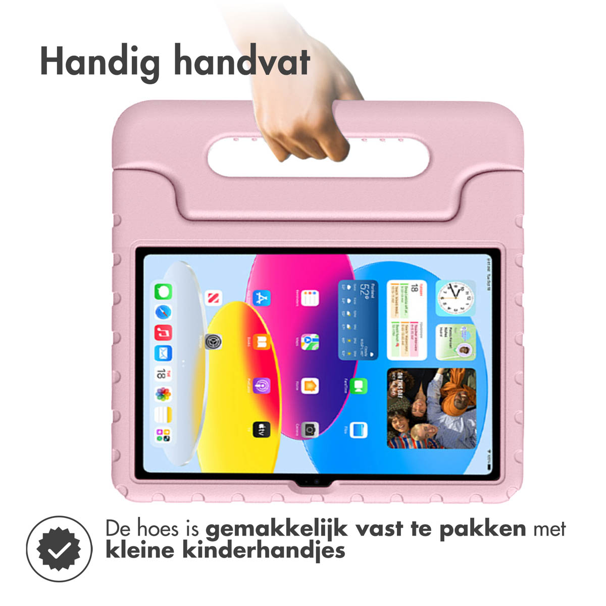 Pink tablet case with a handle. A hand is holding the handle.