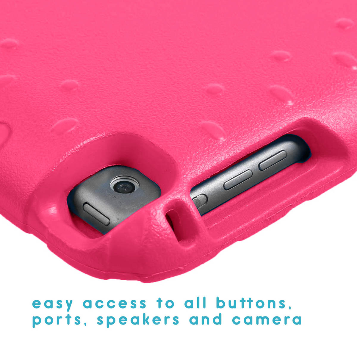 Étui de tablette rose avec accès à l'appareil photo et aux boutons.