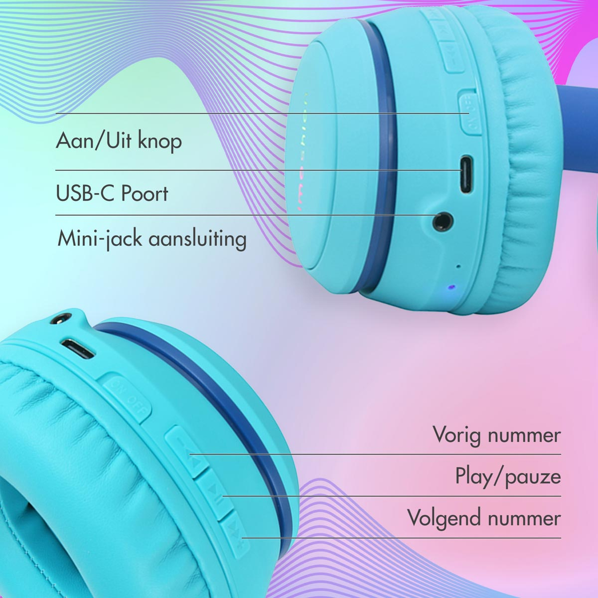Blauwe koptelefoon met labels voor aan/uit, USB-C-poort en volumeknoppen.