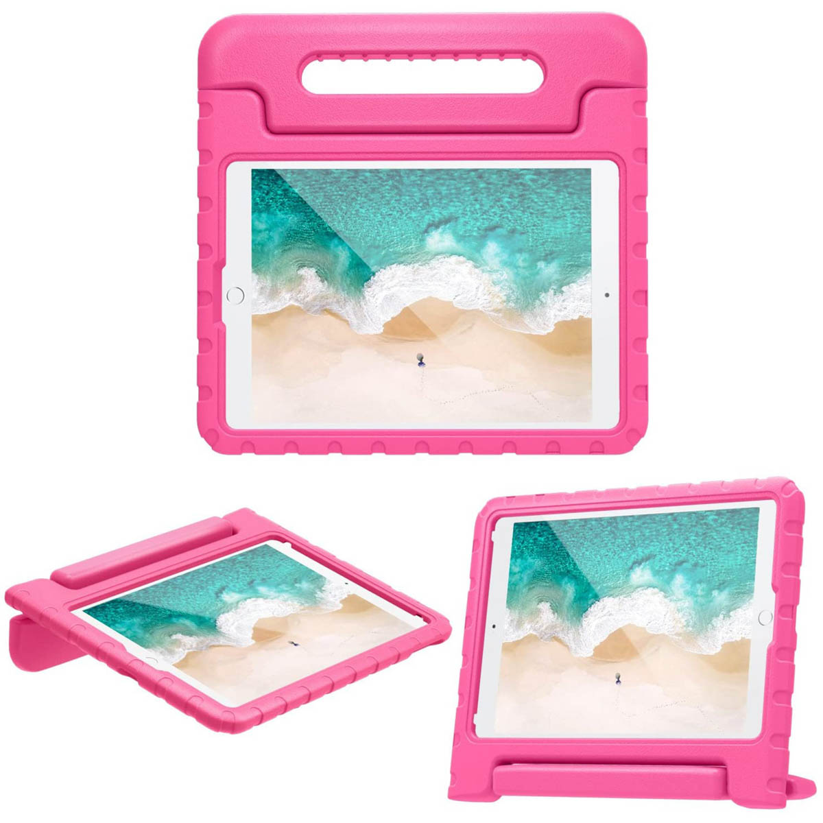 Étui de tablette rose avec tablette à l'intérieur. Vues en angle de l'étui et de la tablette.