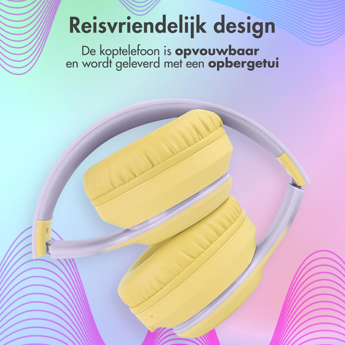 Gele opvouwbare koptelefoon, met een wit frame, op een kleurrijke gradiënt achtergrond.