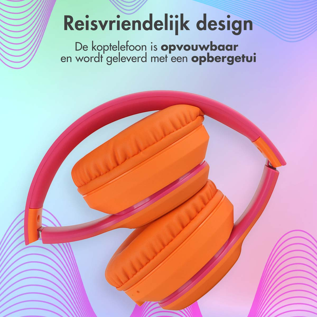 Oranje en rode opvouwbare koptelefoon, voor gebruik op reis.