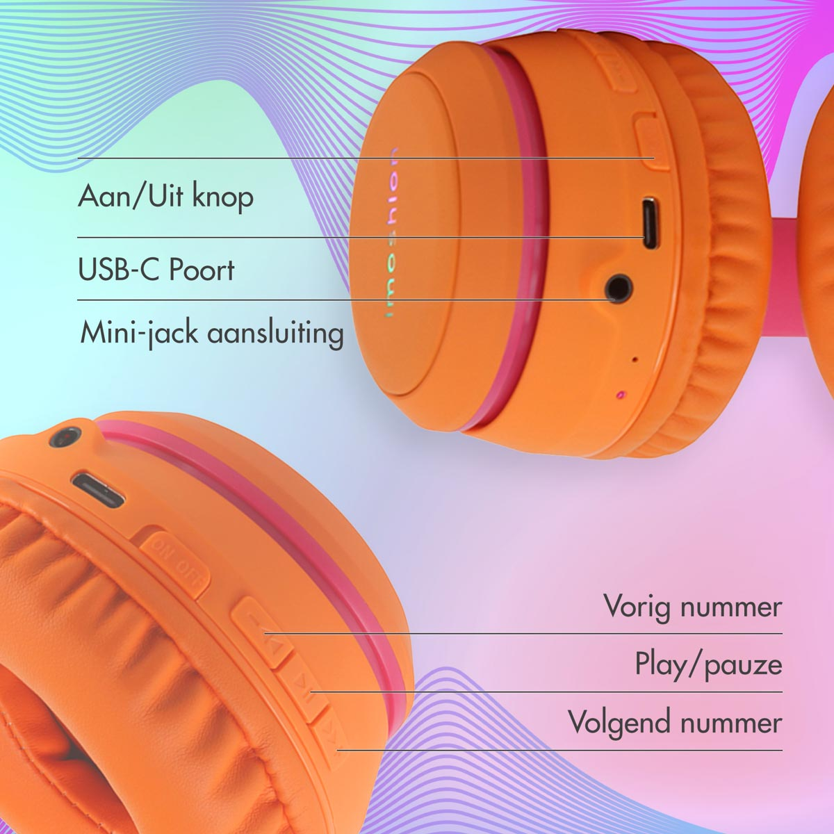 Oranje koptelefoon met labels voor knoppen: aan/uit, USB-C, mini-jack, volgende, afspelen/pauzeren, vorige.