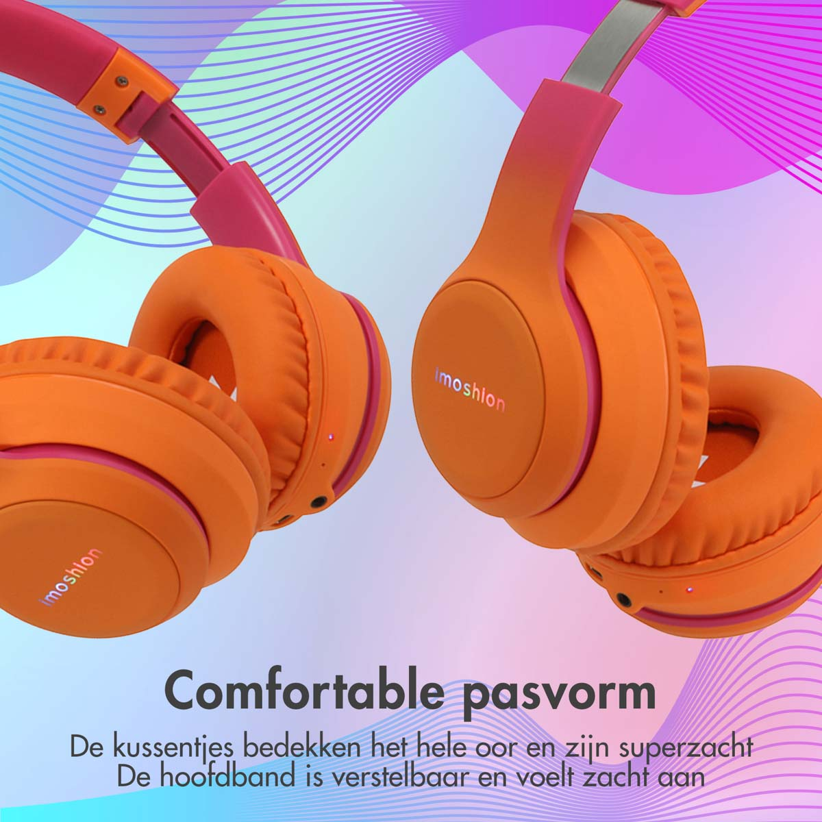 Oranje koptelefoon met roze accenten en het woord 'imoshion', op een kleurrijke achtergrond.