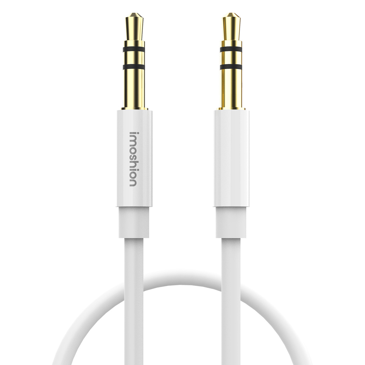 Witte audiokabel met goudkleurige connectoren.