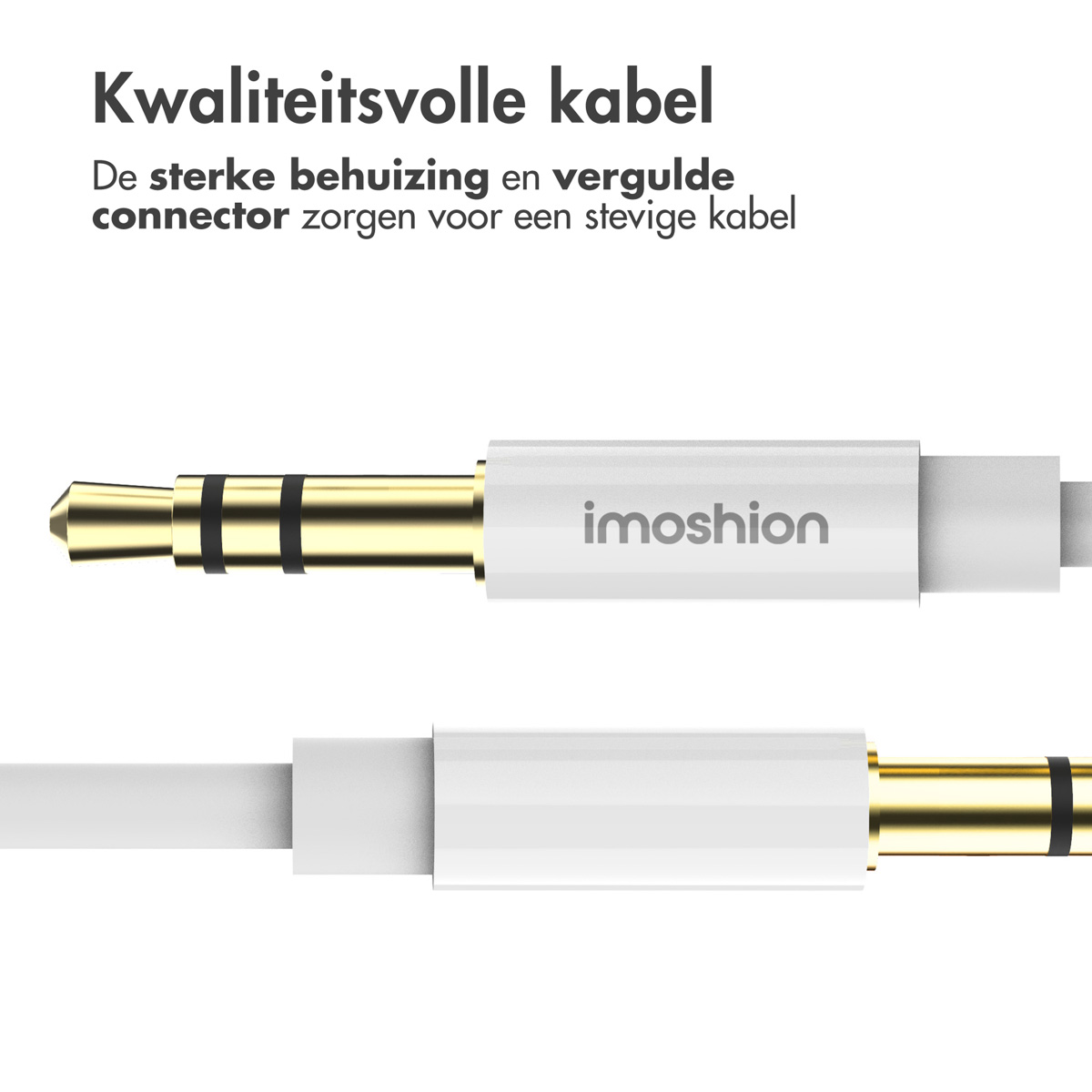 Witte audiokabel met vergulde connector, merk imoshion. Tekst: hoogwaardige kabel.