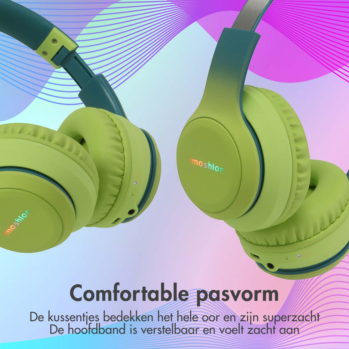 Groene koptelefoon. Tekst zegt 'Comfortabele pasvorm'. Paarse en roze achtergrond.