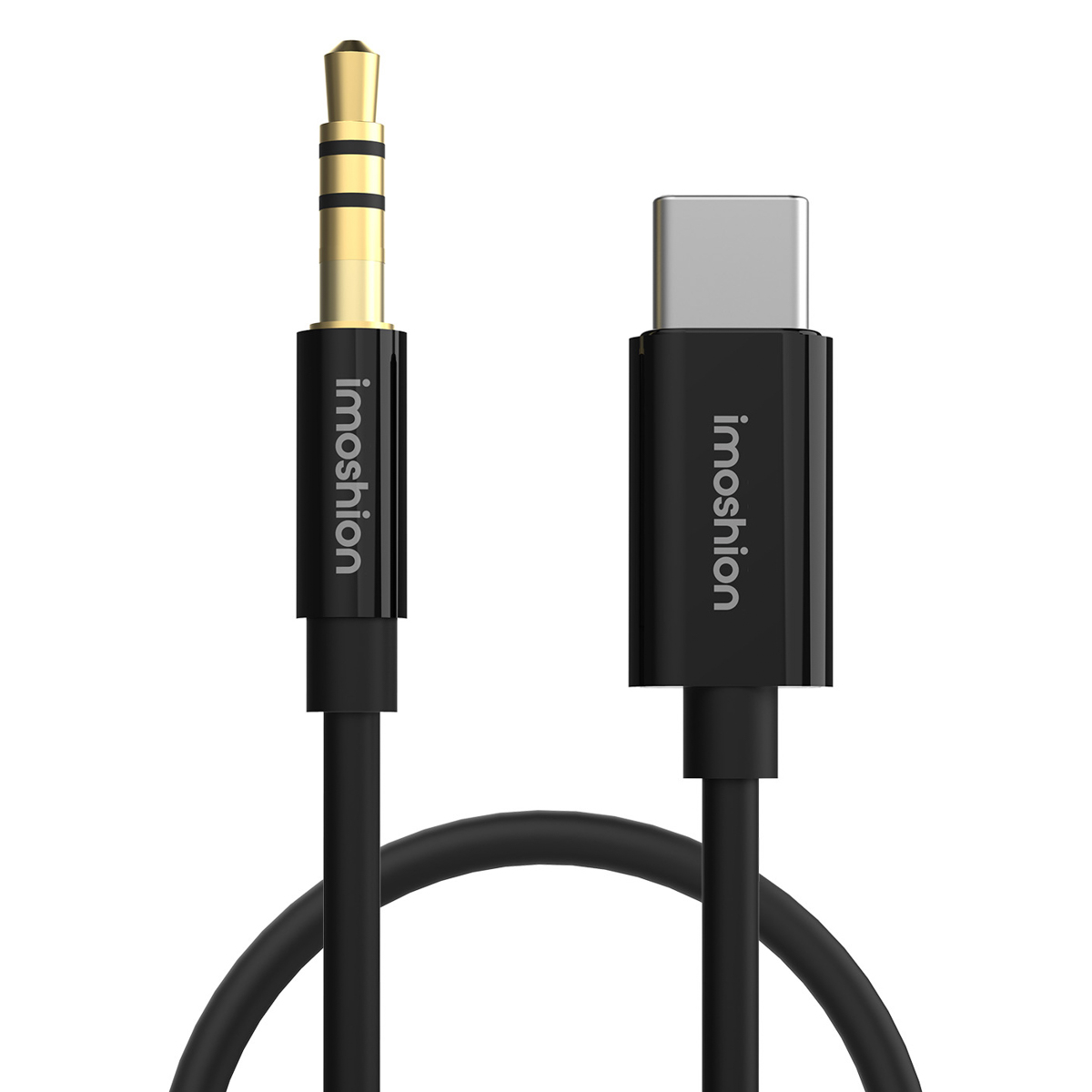 Zwarte audiokabel met een USB-C-connector en een goudkleurige jack.
