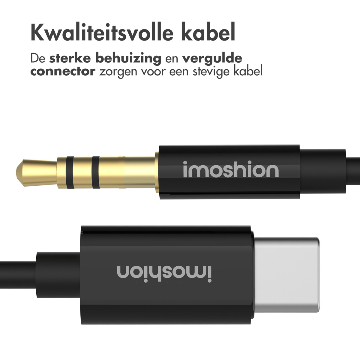 Zwarte audiokabel met USB-C-connector, merk imoshion. Tekst: hoogwaardige kabel.