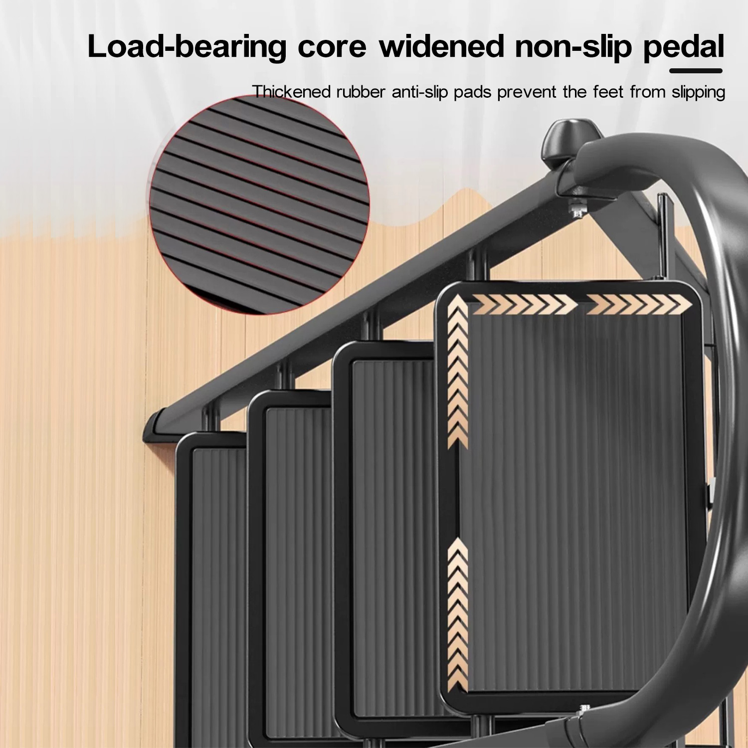 Escaleras con pedal de núcleo resistente. El pedal es negro con flechas doradas.