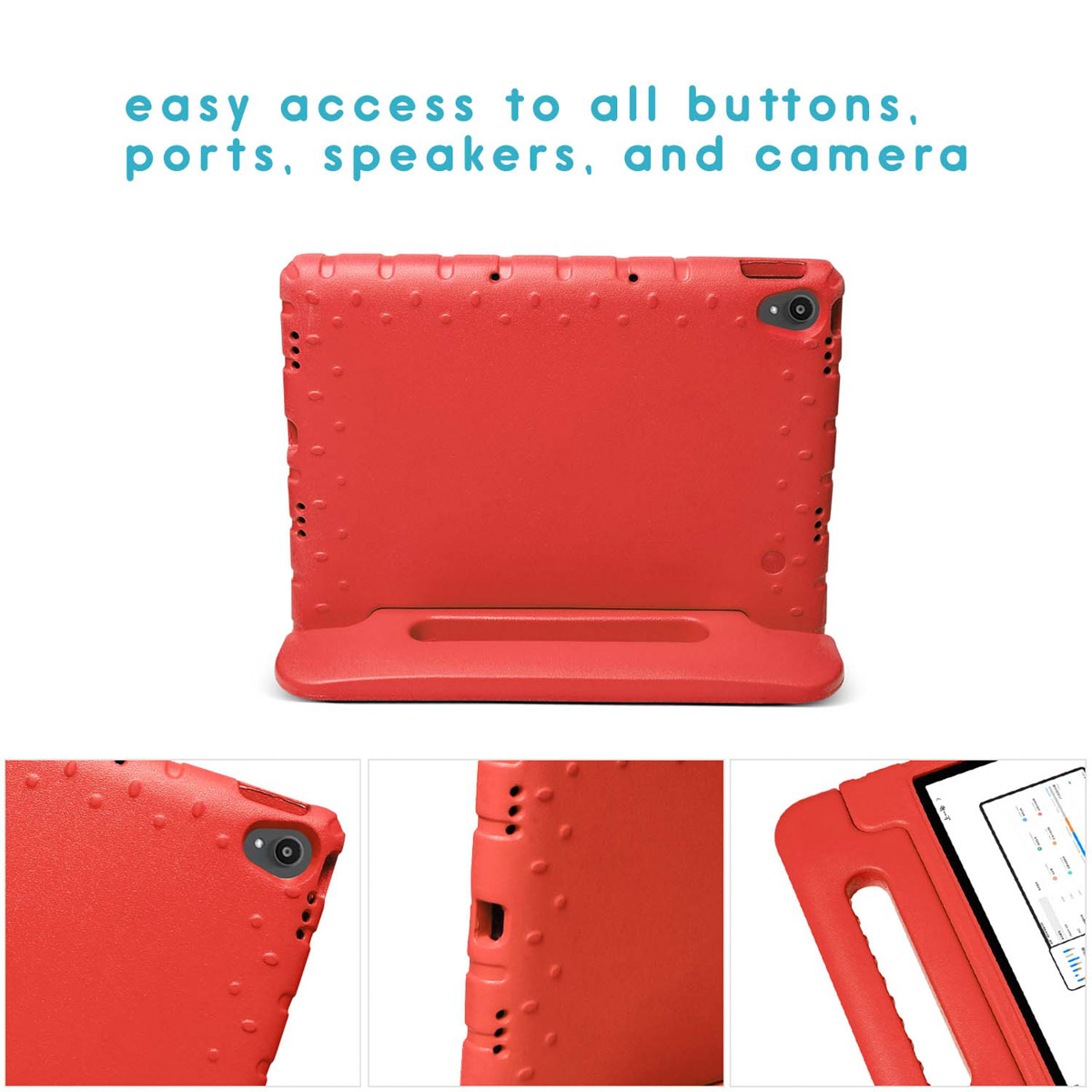Red iPad case with a stand. Close-ups show buttons, ports, and camera areas.
