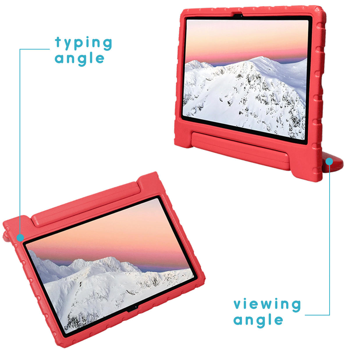 Red tablet case showcasing typing and viewing angles. The tablet displays a snowy mountain scene.
