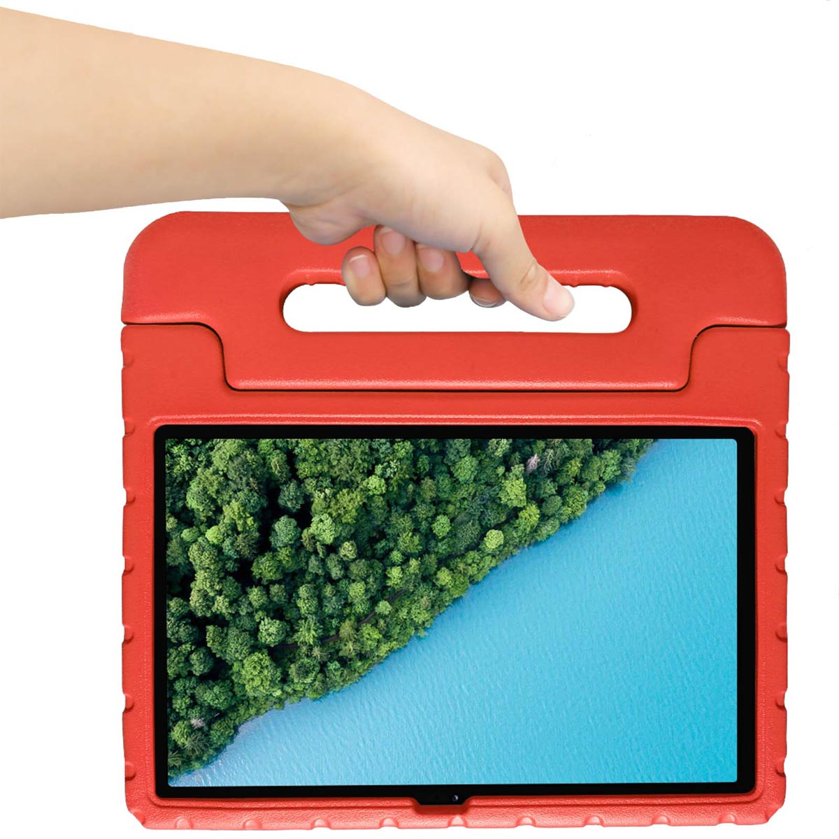 A red tablet case being held, displaying a nature scene on the screen.