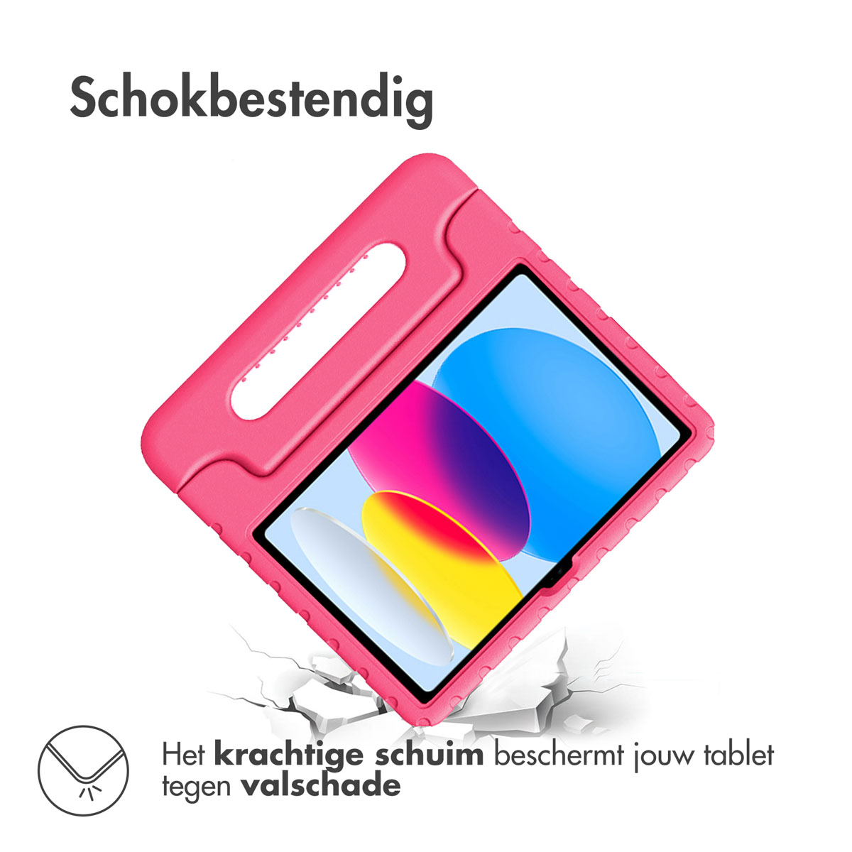 A pink foam tablet case over cracked ground with text "Schokbestendig" at the top.