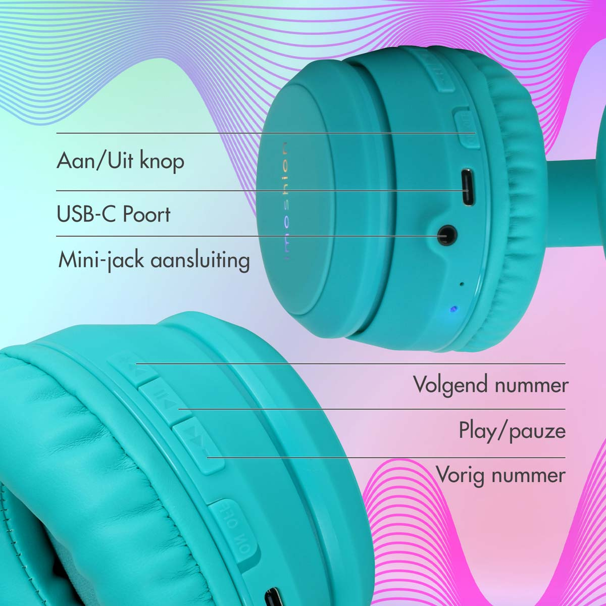 Close-up van een turquoise koptelefoon, met knoppen en poorten. Tekst: 'Aan/Uit knop'.