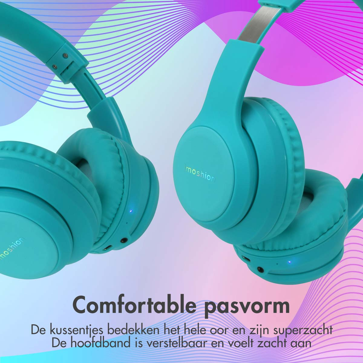 Koptelefoon in teal met een verloopachtergrond. Tekst zegt: 'Comfortabele pasvorm'.