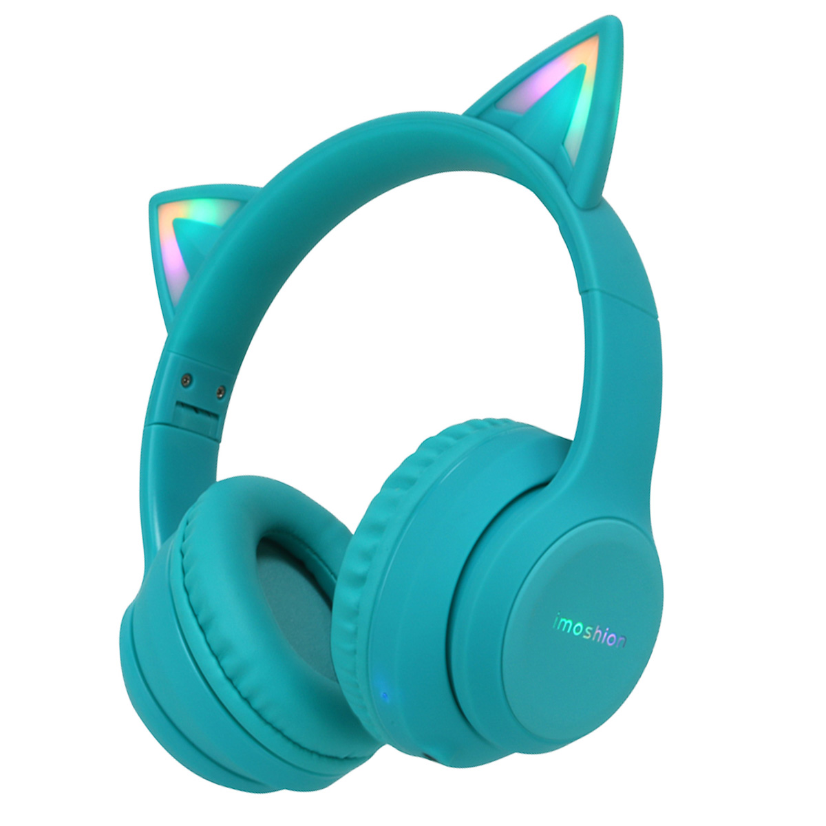 Turquoise koptelefoon met kattenoren, ideaal voor muziek.