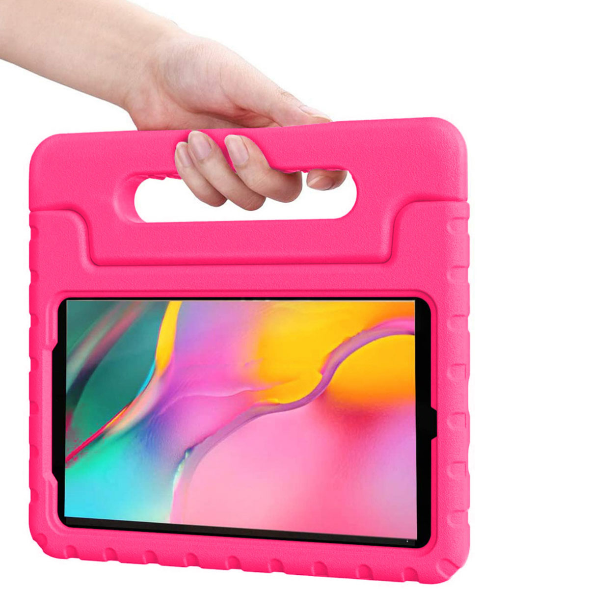 Pink tablet case with handle holding a tablet. The tablet shows a colorful background.