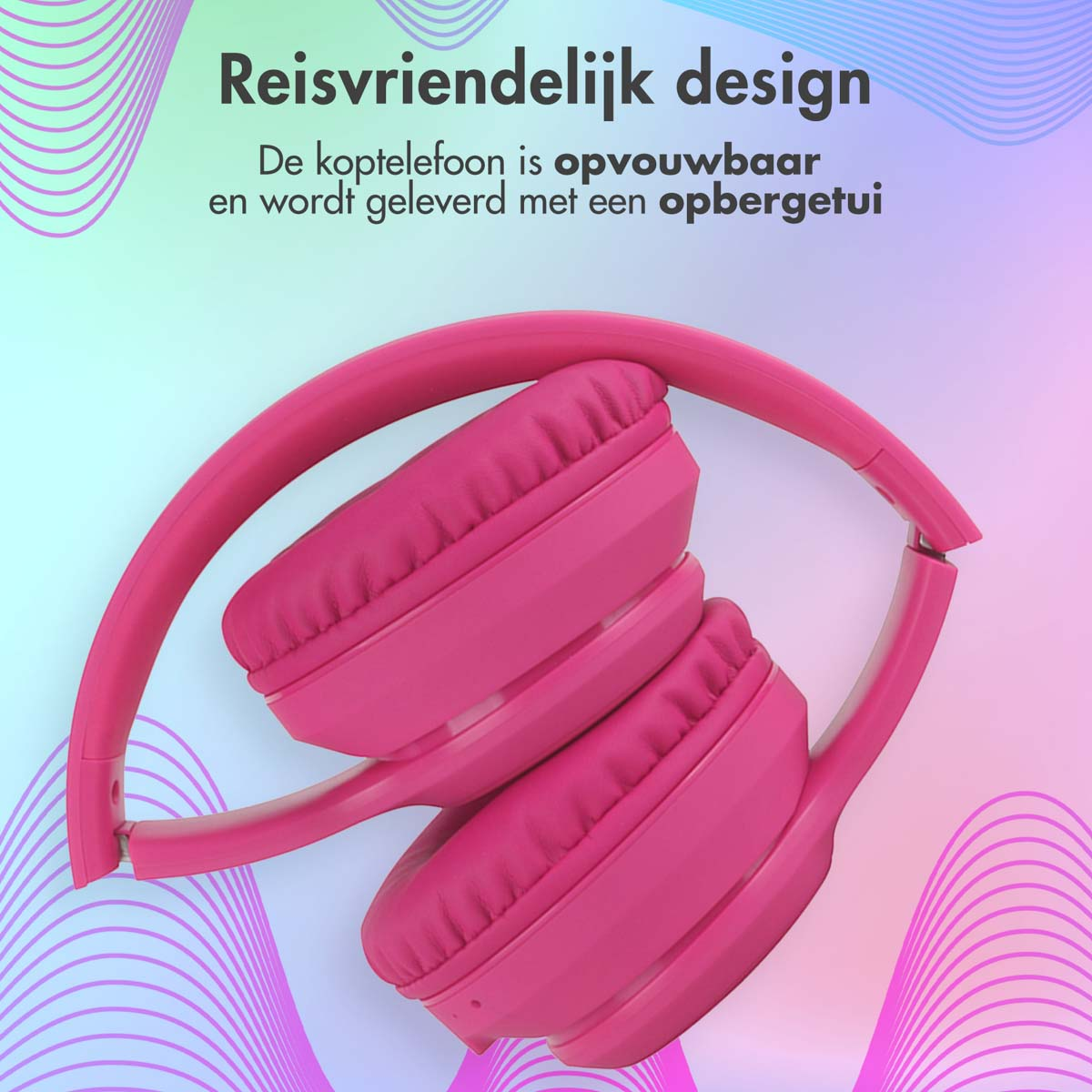 Opgevouwen roze koptelefoon met tekst: 'Reisvriendelijk design'.