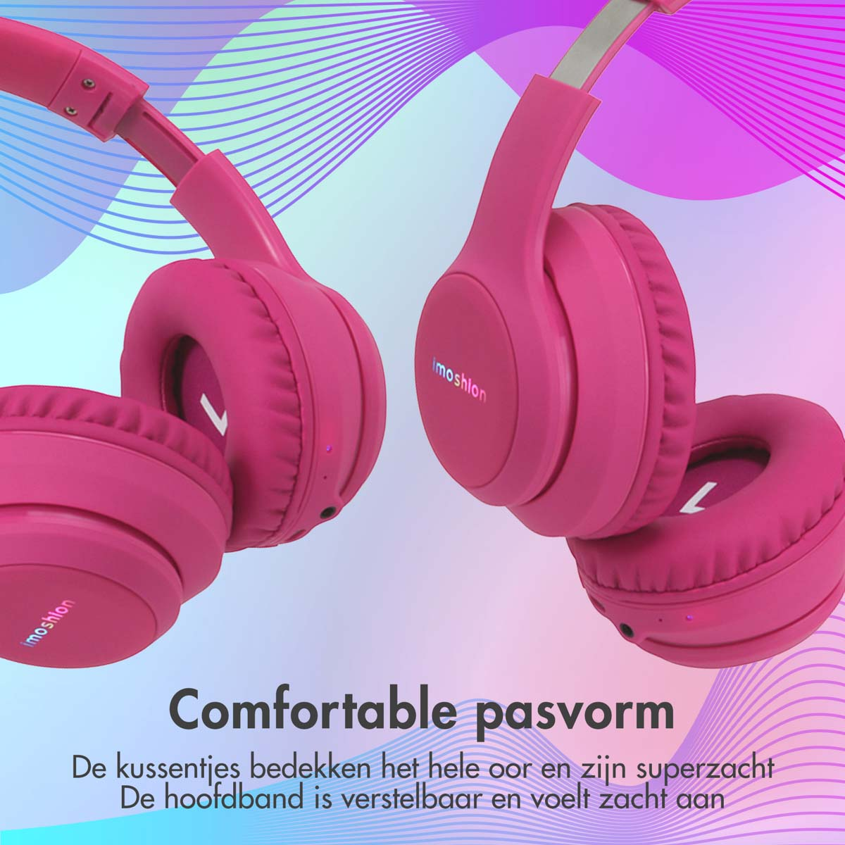 Roze koptelefoon met een verloopachtergrond. Tekst zegt: 'Comfortabele pasvorm'.