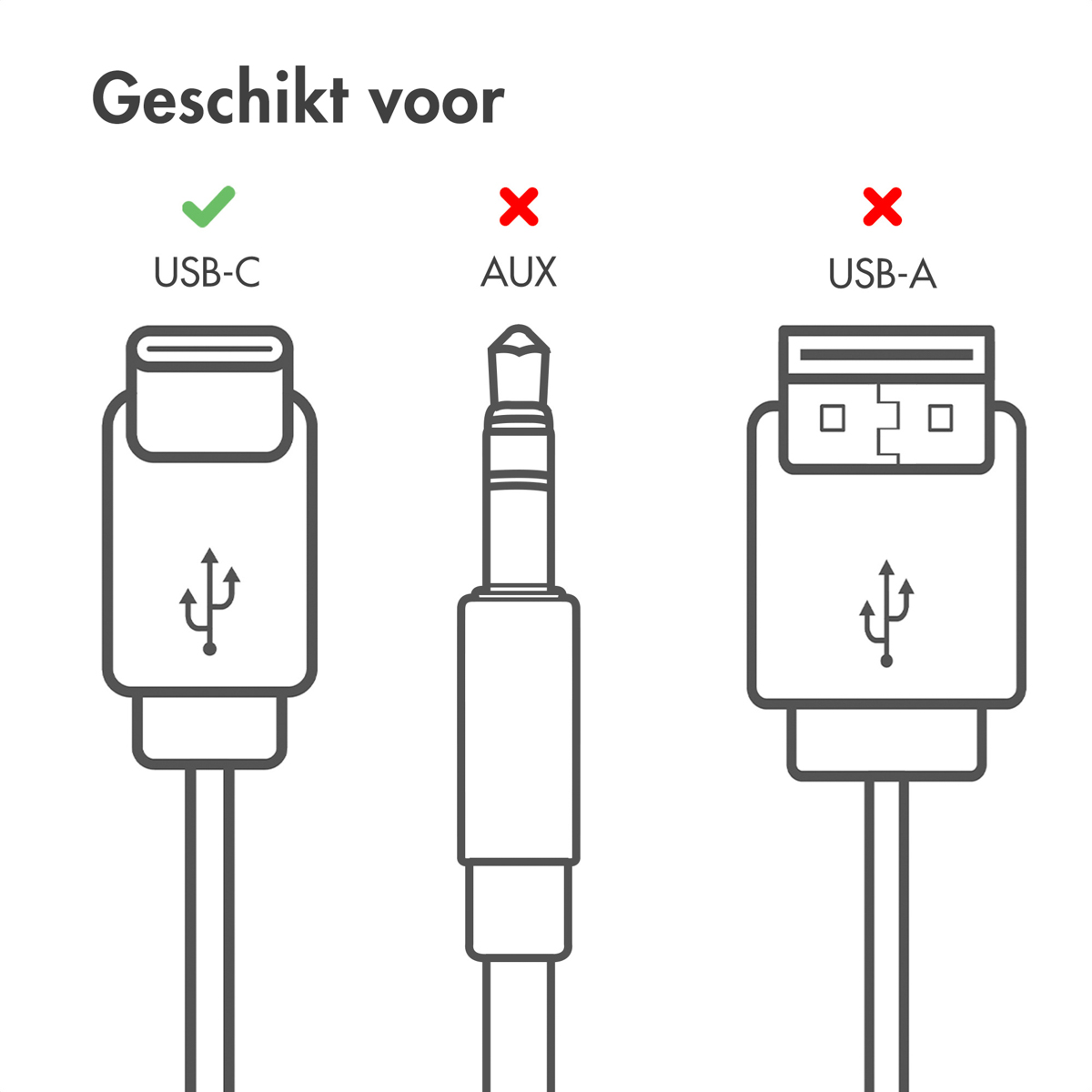 Diagram shows USB-C, AUX and USB-A connectors. USB-C is good. AUX and USB-A are bad, indicated by X.