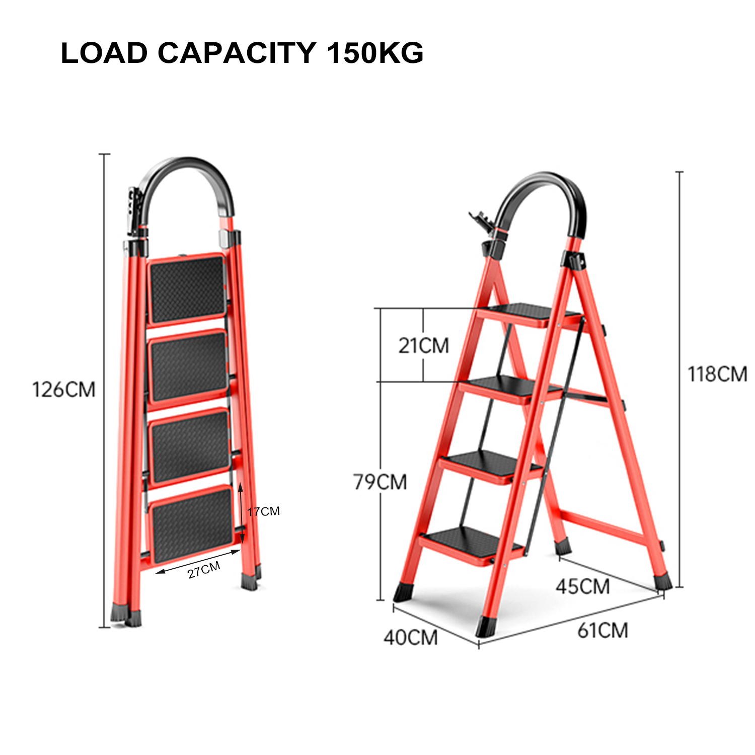 Una escalera roja con dimensiones. Texto: Capacidad de carga 150 kg. Peldaños y asa negros.