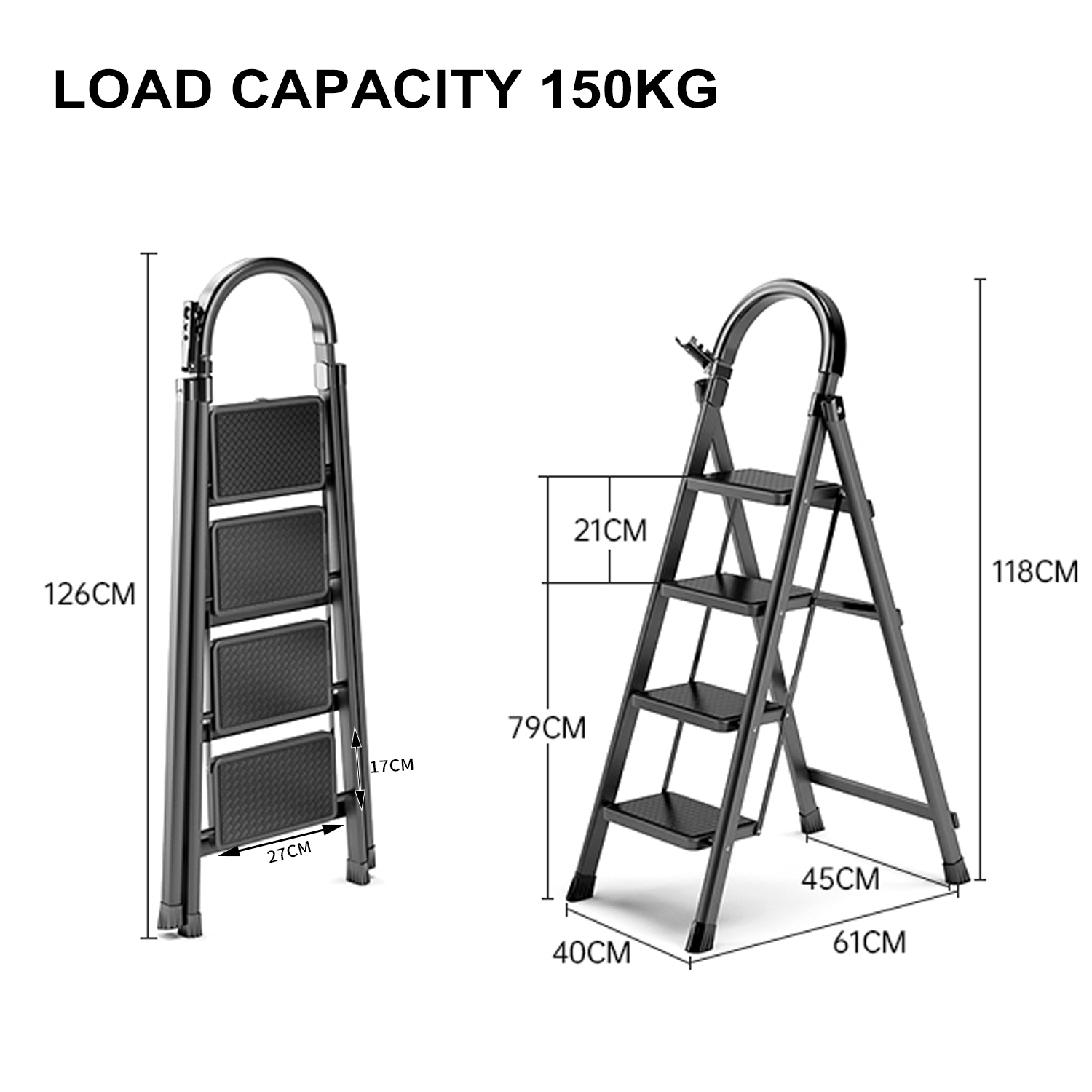 Escalera plegable de metal con cuatro escalones, dimensiones anotadas y capacidad máxima de carga de 150 kg.