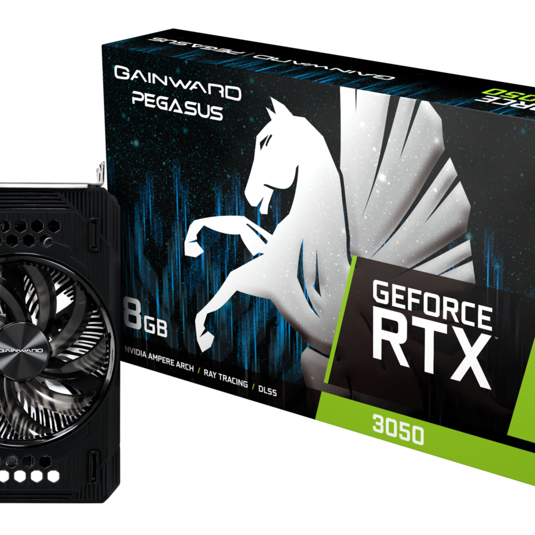 Scheda grafica e scatola. La scheda ha una ventola, la scatola mostra un pegaso e il testo RTX 3050.