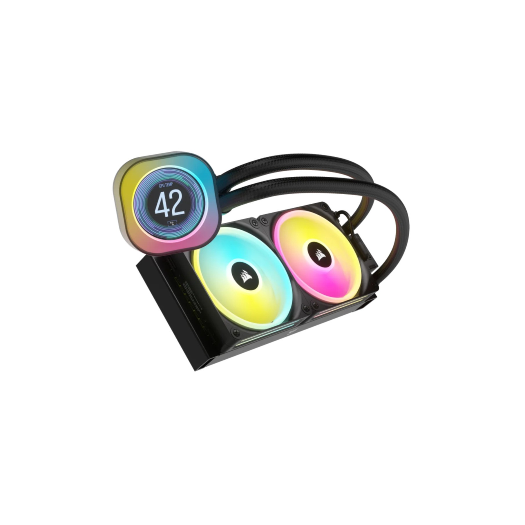 Czarny cooler CPU z dwoma wentylatorami i wyświetlaczem pokazującym temperaturę. Wentylatory mają kolorowe światła.