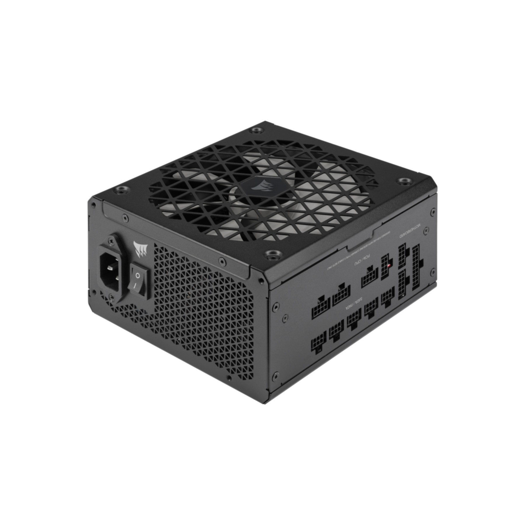 Czarny zasilacz komputerowy z wentylatorem, wieloma portami i logo Corsair, na białym tle.